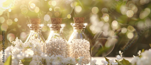 Four corked glass bottles containing white granules sit amidst delicate white flowers, bathed in soft, warm light with a dreamy, natural aesthetic.