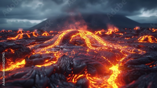 Fiery Lava Flow Under Stormy Skies Near Active Volcano Eruption