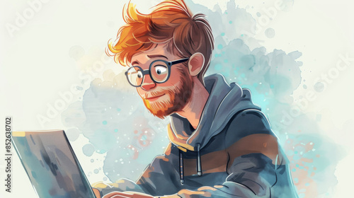 Wallpaper Mural Illustration of a bearded man with glasses working on a laptop, conveying focus and creativity. Torontodigital.ca
