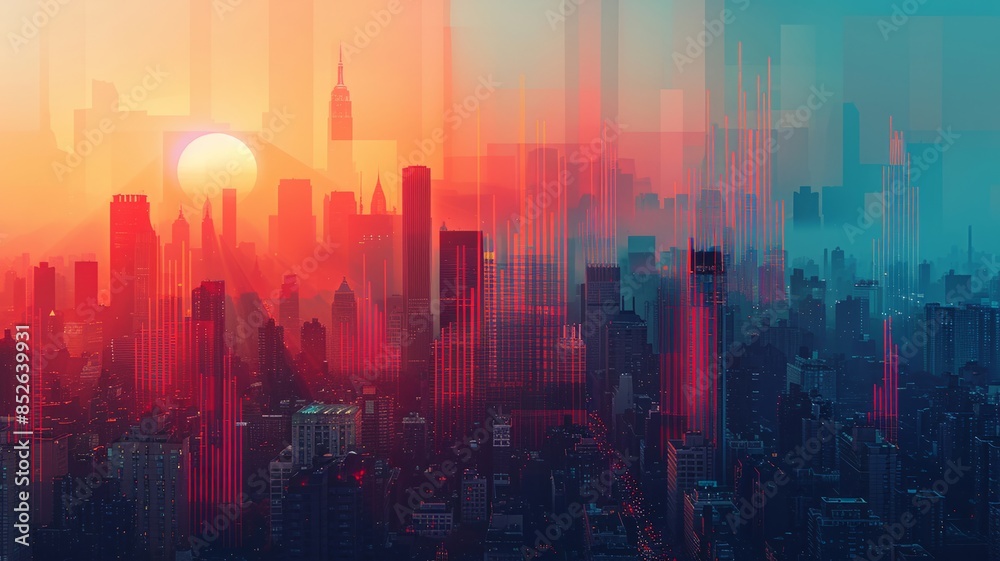 Fototapeta premium Modern Urban Sunrise Over Skyscrapers With Digital Style