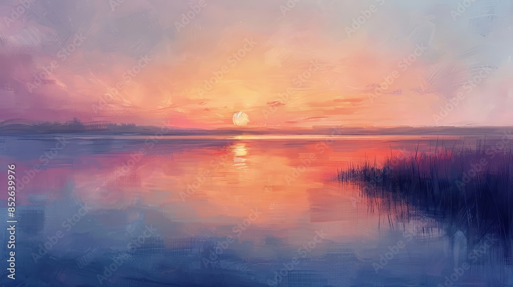 Serene Sunset Over Calm Waters in Impressionist Style Serene Sunset Over Calm Waters in Impressionist Style