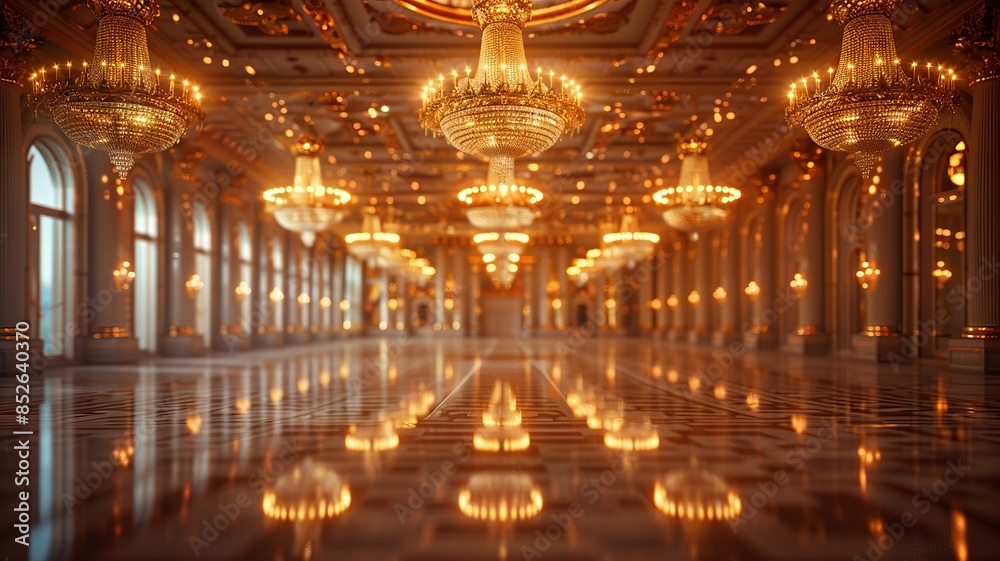 Fototapeta premium Grand Ballroom with Opulent Chandeliers Reflecting Elegance and Warm Lighting Aesthetic