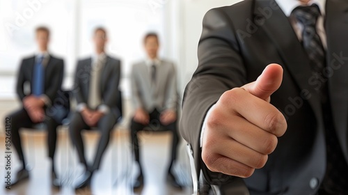 Businessman Giving Thumbs Up with Team in BackgroundDescription: Close-up of a businessman giving a thumbs up with three blurred colleagues in the background, symbolizing approval and teamwork.