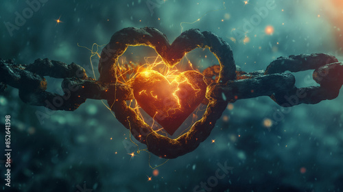 A glowing heart in the center, with chains breaking apart around it