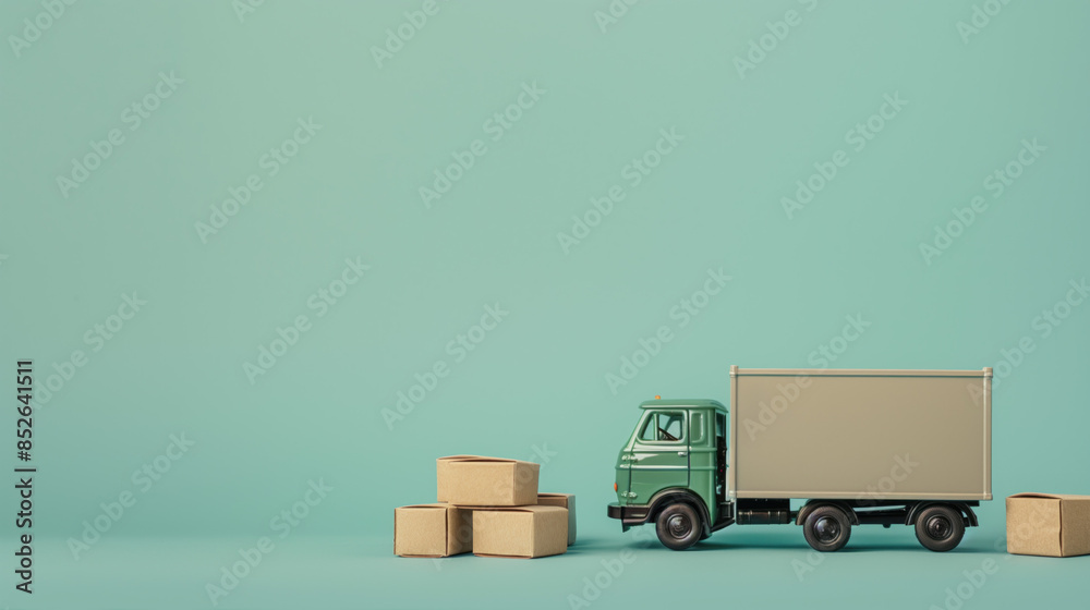A toy moving truck with cardboard boxes. Transportation and delivery concept. Created with Generative AI technology. A toy moving truck with cardboard boxes. Transportation and delivery concept. Created with Generative AI technology.
