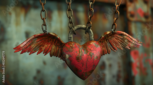 A heart with wings trying to fly while being tethered by chains and a heavy lock, representing the struggle between freedom and emotional baggage.