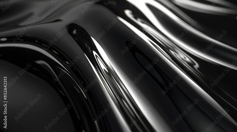 A close up image of a shiny, black surface with a wavy texture A close up image of a shiny, black surface with a wavy texture
