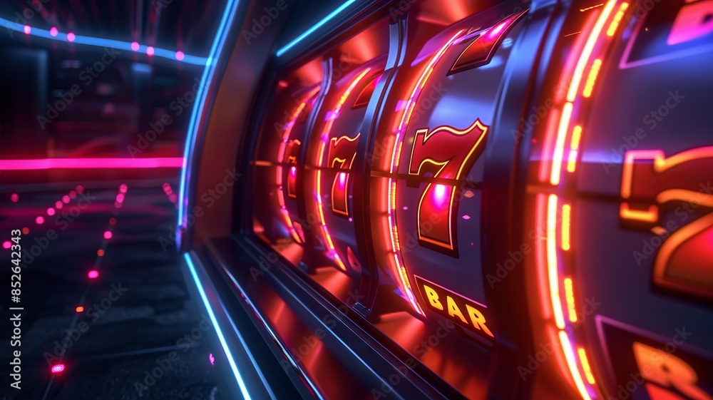 Neon Lit Slot Machine with Triple Sevens in Virtual Casino Neon Lit Slot Machine with Triple Sevens in Virtual Casino