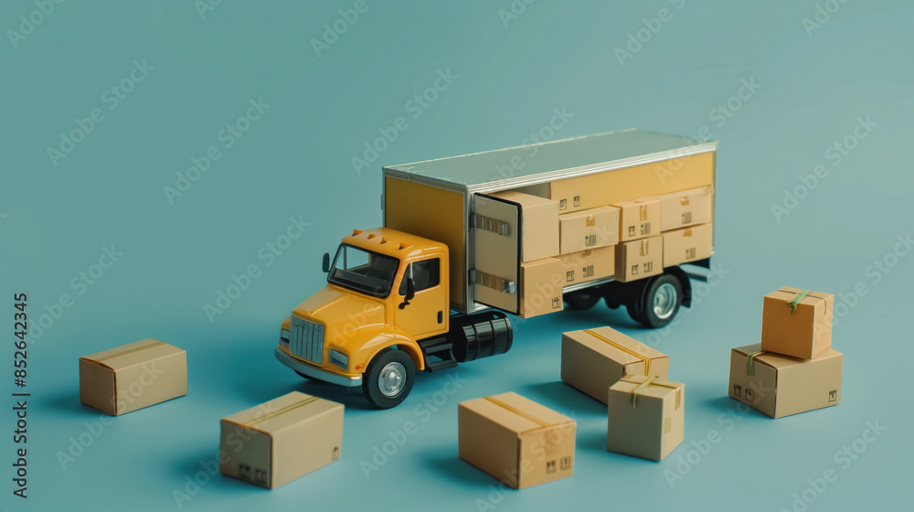 A toy moving truck with cardboard boxes. Transportation and delivery concept. Created with Generative AI technology. A toy moving truck with cardboard boxes. Transportation and delivery concept. Created with Generative AI technology.