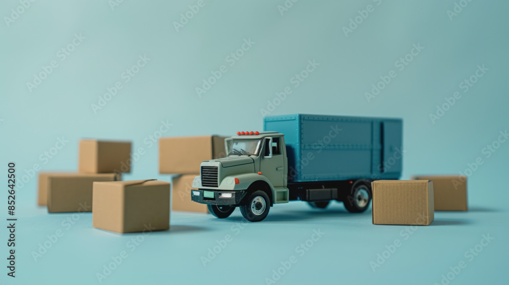 A toy moving truck with cardboard boxes. Transportation and delivery concept. Created with Generative AI technology. A toy moving truck with cardboard boxes. Transportation and delivery concept. Created with Generative AI technology.