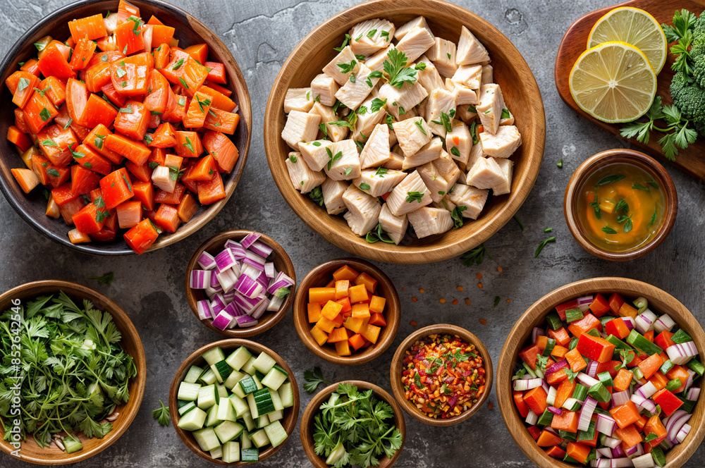 chicken taco or wrap / shawarma ingredients seen from above flat lay on table top chicken taco or wrap / shawarma ingredients seen from above flat lay on table top