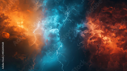 Vivid image of contrasting blue and orange storm clouds with lightning