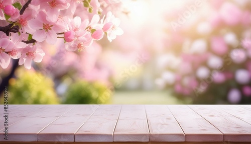 Holztisch unter Kirschbäumen: Unscharfer Hintergrund mit blühenden Bäumen photo