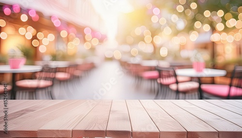 Holztisch im stilvollen Café: Gemütliche Atmosphäre und Kaffeeduft photo
