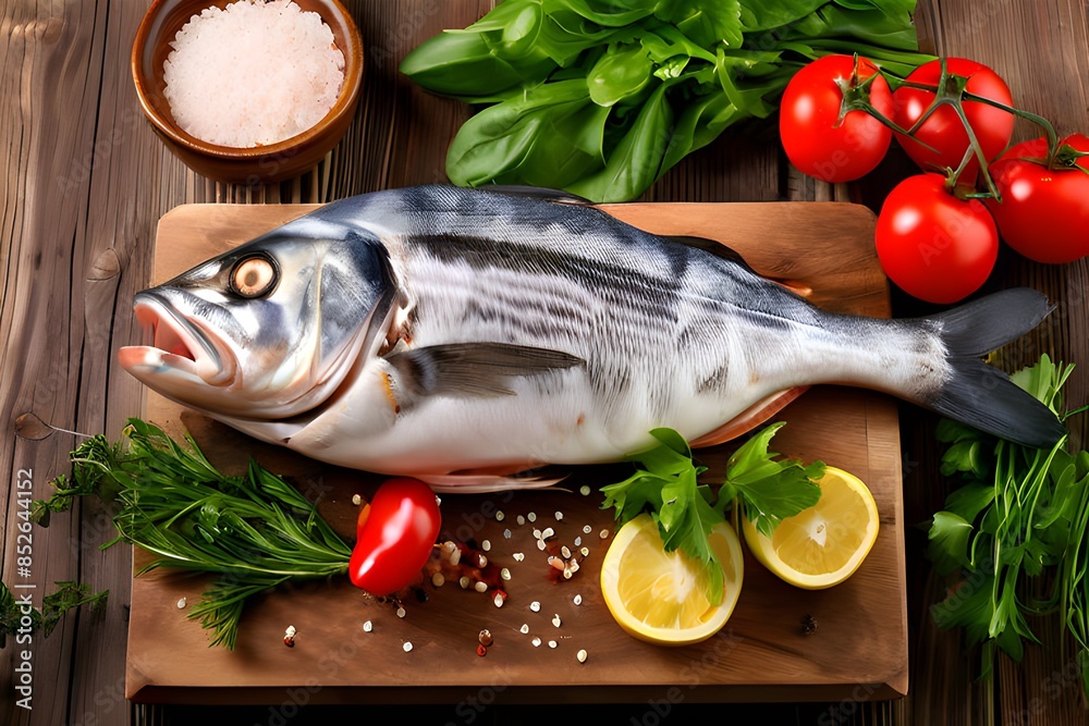 fresh fish with vegetables, Fresh uncooked dorado or sea bream fish with lemon, tomatos , herbs, oil, vegetables and spices. fresh fish with vegetables, Fresh uncooked dorado or sea bream fish with lemon, tomatos , herbs, oil, vegetables and spices.