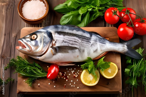fresh fish with vegetables, Fresh uncooked dorado or sea bream fish with lemon, tomatos , herbs, oil, vegetables and spices.