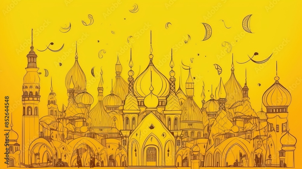 Fototapeta premium Muslim Islamic New Year, religious event. Graphic illustration. Bathed mosques. AI generated.