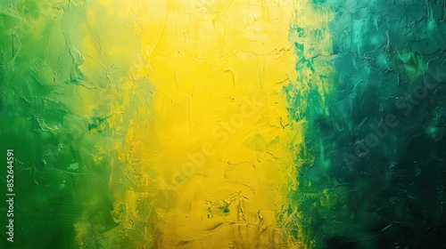 A close-up photo of a wall painted with abstract brushstrokes in green, yellow, and teal photo