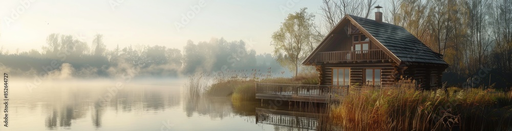 Large wooden house by the river, early morning, sunny foggy day, place for text. Banner Large wooden house by the river, early morning, sunny foggy day, place for text. Banner
