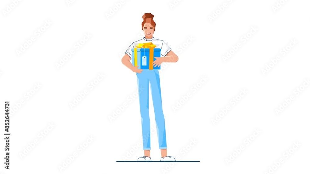 2D Illustrated Girl Stands Smiling and Holding a Blue and Yellow Gift Box. She Seems Excited and Grateful to Have Received This Present.