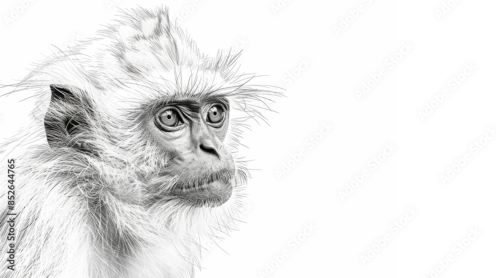 Fototapeta premium A black and white sketch of a monkey's face, capturing its expressive eyes and detailed fur texture.