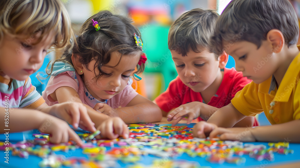 Fototapeta premium A group of preschool children engaged in puzzle solving in a colorful classroom setting.