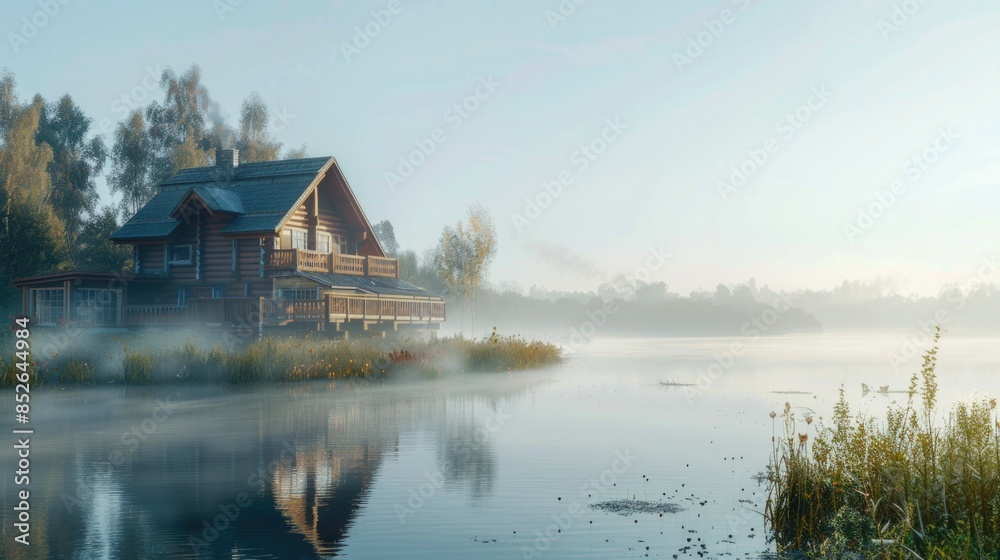 Large wooden house by the river, early morning, sunny foggy day, place for text. Banner Large wooden house by the river, early morning, sunny foggy day, place for text. Banner