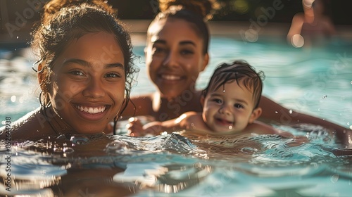 A pair of siblings and their friend share a memorable swim in a pool, smiling and playful in the water photo