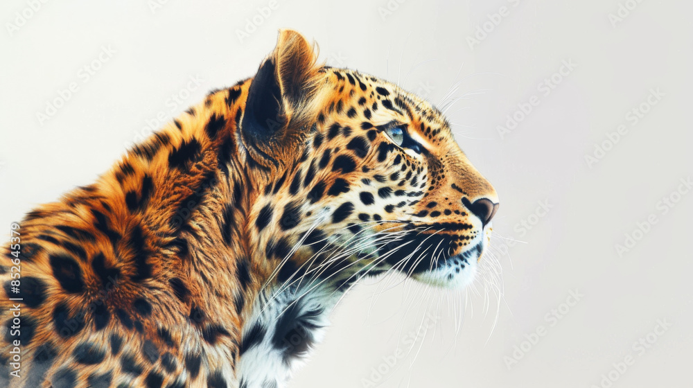 Obraz premium A striking side profile of a majestic leopard, showcasing its detailed fur and intense gaze against a plain backdrop.