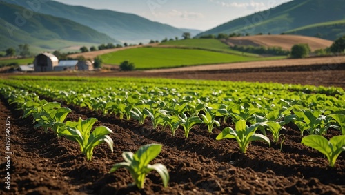 depicting sustainable agriculture with a close-up of organic crops growing in a field. Include elements like rich soil, healthy plants, and a watering system that conserves water. The 