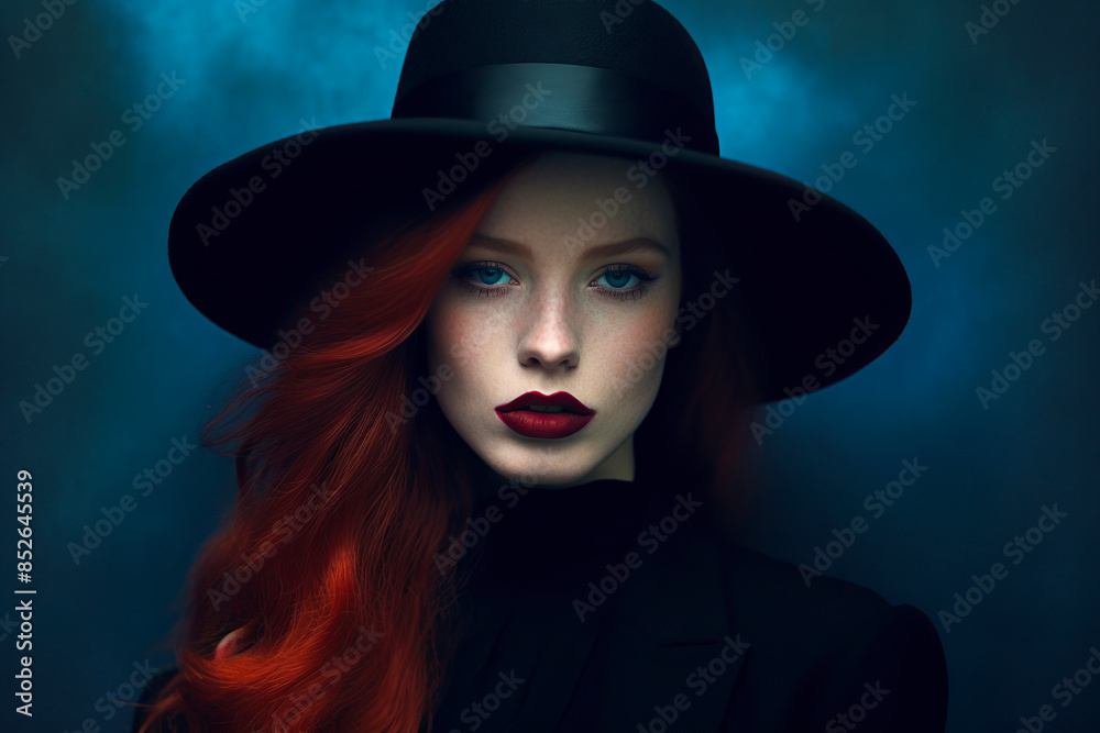 Portrait of a woman with red hair wearing a black hat and dark clothing against a blue background. Studio fashion photography with dramatic and elegant concept for design and print Portrait of a woman with red hair wearing a black hat and dark clothing against a blue background. Studio fashion photography with dramatic and elegant concept for design and print
