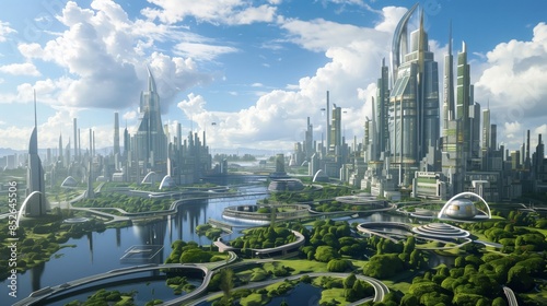 A futuristic green metropolis with tall buildings. Big city with good ecology photo