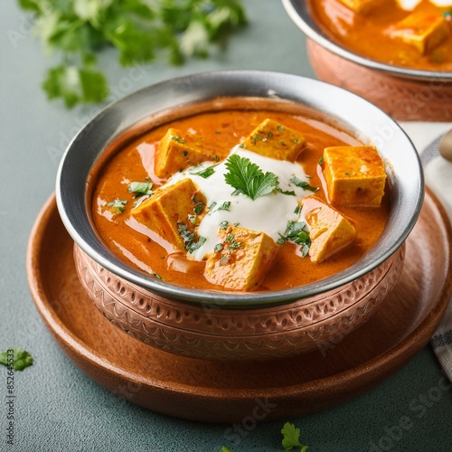 Indian cuisine paneer butter masala or or cheese cottage curry with cream topping photo