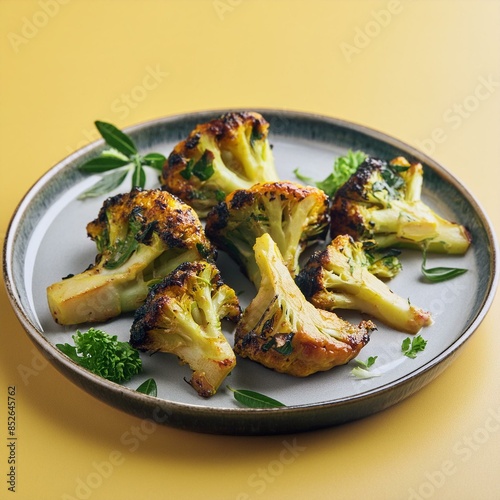 Indian cuisine tandoori gobi or roasted cauliflower on yellow background photo