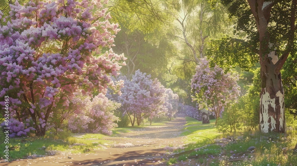 Blooming lilac trees and flowers in a spring park Blooming lilac trees and flowers in a spring park