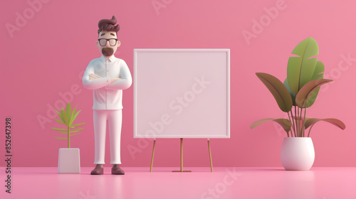 Small business person 3D illustration with empty board.