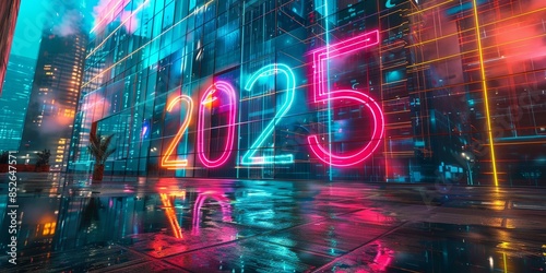 Futuristic Neon Cityscape with 2025 Signage Reflected on Wet Pavement