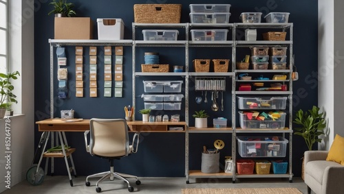 showcasing organized storage solutions. Include elements like modular shelves with labeled bins and boxes, a pegboard with neatly arranged office tools, and a drawer organizer with var