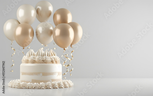 A beautifully decorated white cake with gold accents is surrounded by matching gold balloons, ready for a sophisticated celebration or special event, banner copy space