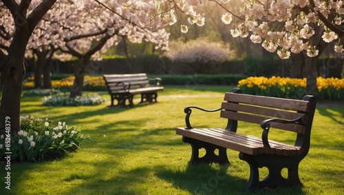 image of springtime blossoms. Show a garden or park with blooming flowers such as tulips, daffodils, and cherry blossoms. Include a bench under a flowering tree, with soft sunlight filte photo