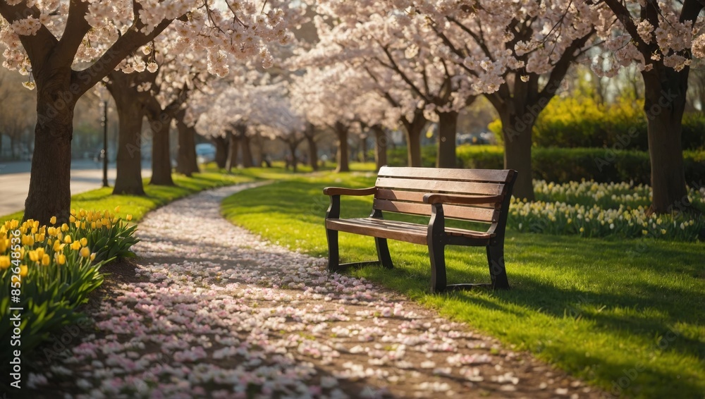 image of springtime blossoms. Show a garden or park with blooming flowers such as tulips, daffodils, and cherry blossoms. Include a bench under a flowering tree, with soft sunlight filte image of springtime blossoms. Show a garden or park with blooming flowers such as tulips, daffodils, and cherry blossoms. Include a bench under a flowering tree, with soft sunlight filte