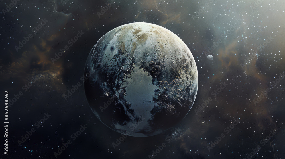 Obraz premium An artistic representation of a distant exoplanet, shown with a textured surface, set against the backdrop of deep space.