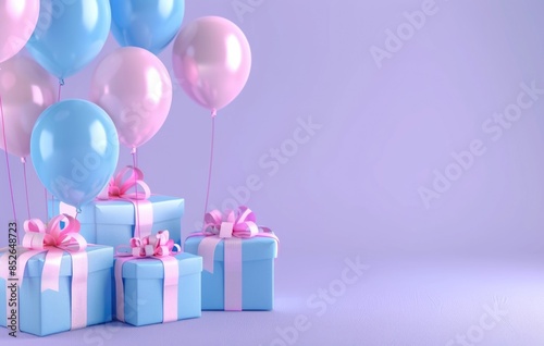 Birthday gifts with balloons on a purple background. Pastel blue gift boxes decorated with pink ribbons. Holiday celebration. Valentine Day or birthday party decoration. © Елена Тиханович
