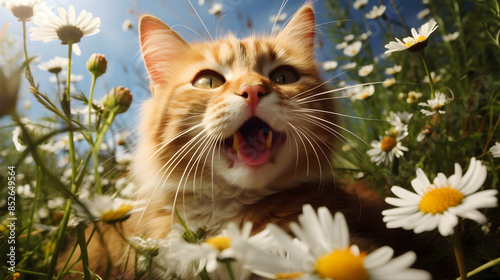 Hilarious catnip frenzy, whiskers twitching in a state of feline bliss.