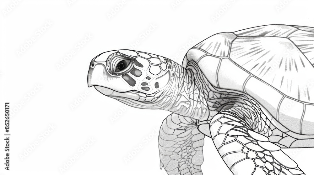 Fototapeta premium A detailed, black and white drawing of a sea turtle, showcasing intricate patterns and natural beauty.