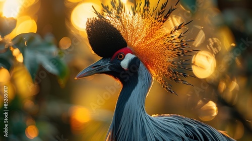 Gray Crowned Crane with Golden Feathers in Sunset photo