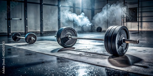 Weightlifting In The Gym. Barbell With Weights On The Floor And Chalk Dust In The Air. photo