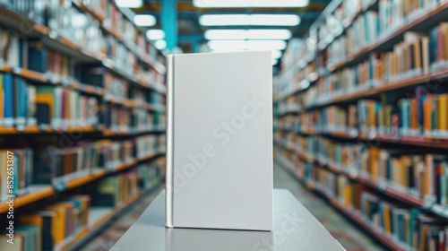 White Cover Book Mockup in a Brightly Lit Modern Bookstore photo