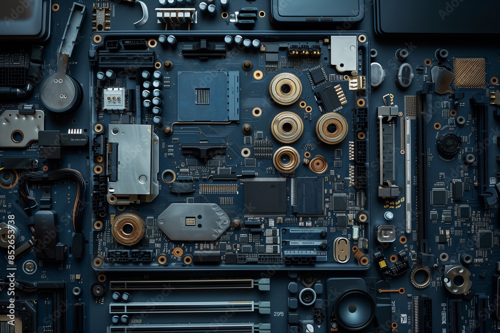 A computer's motherboard is shown in detail, with many small components and wires. Concept of complexity and intricacy, as well as the importance of the computer's internal workings A computer's motherboard is shown in detail, with many small components and wires. Concept of complexity and intricacy, as well as the importance of the computer's internal workings