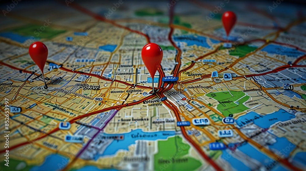 A digital map displaying a location with two pins set, representing AI technology in GPS A digital map displaying a location with two pins set, representing AI technology in GPS